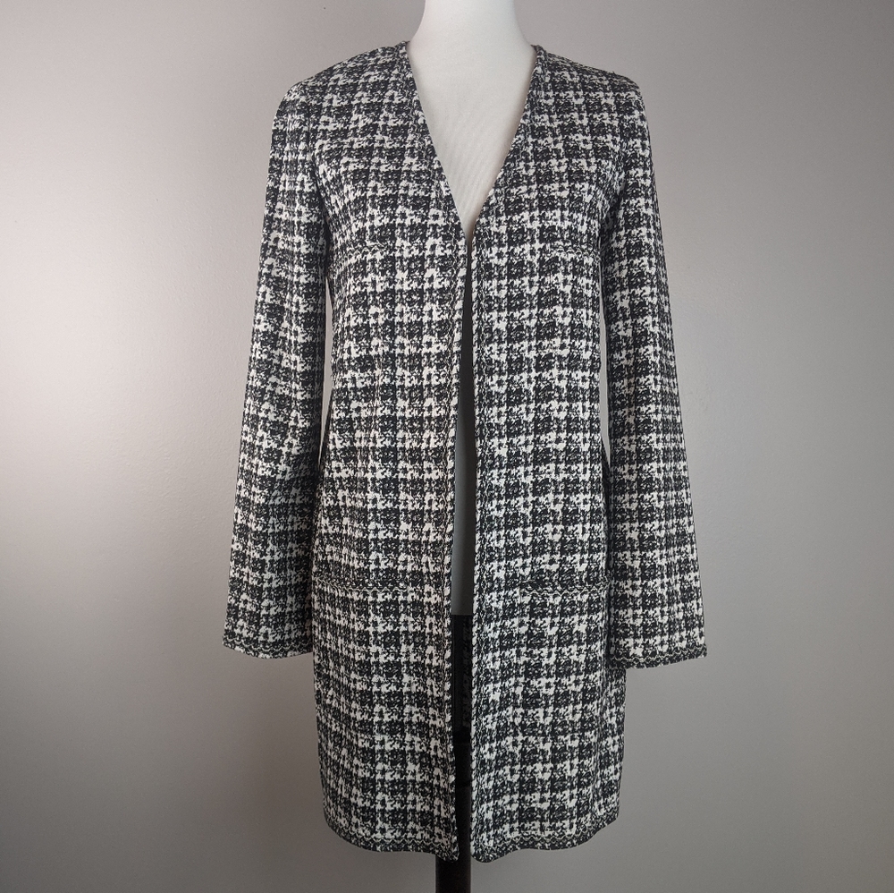 Max Studio Black White Long Open Front Blazer Sz M